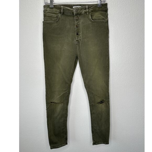 Zara Women Olive Green Button Fly Distressed Knee Skinny Jean High Waist 10 - Picture 1 of 16